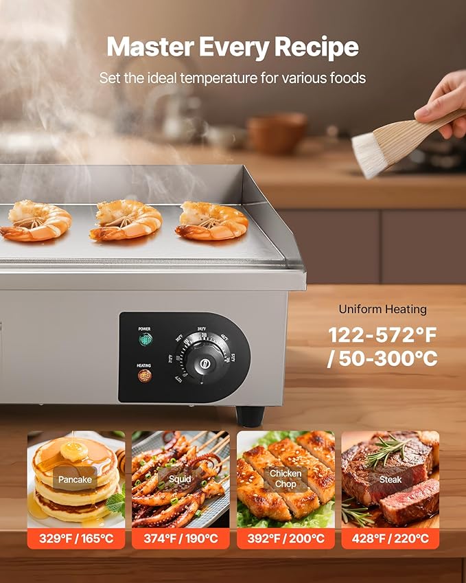 VEVOR Commercial Electric Griddle, 21 x 11.8 inch, 1750W, 122-570°F Adjustable Temp Control, Stainless Steel Countertop Flat Top Grill with 2 Spatulas, 2 Brushes and 4 Foot Pads, for Steak, Pancake