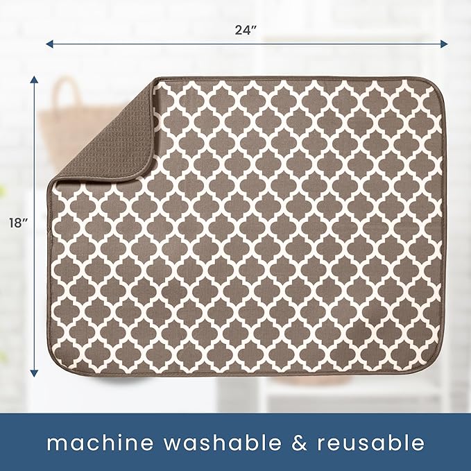 S&T INC. Dish Drying Mat XL, 18” x 24”, Absorbent Microfiber Kitchen Counter Mat, Dish Drying Pad for Dishes, Utensils, Pots and Pans, Extra Large, Taupe Trellis