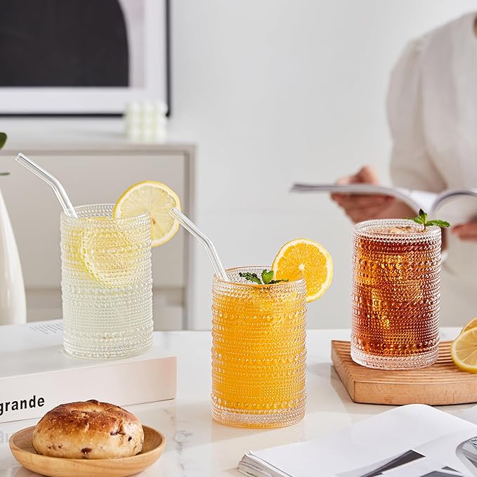 HomeVogue Hobnail Drinking Glasses Set of 12, 12oz & 15oz Vintage Glassware Set Cocktail Glass Set, Embossed Clear Water Tumbler,for Beer, Whiskey,Juice and Various Mixed Drinks (12 Pack-Clear)