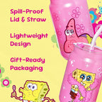 Dragon Glassware x SpongeBob SquarePants 16 oz Drinking Glasses Set of 2 - Glass Cups with Lids and Straws - Iced Coffee Cups with Lids - Reusable Glass Tumbler with Straw and Lid - SpongeBob - Pink