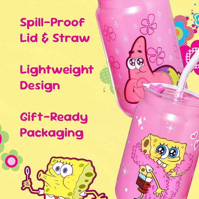 Dragon Glassware x SpongeBob SquarePants 16 oz Drinking Glasses Set of 2 - Glass Cups with Lids and Straws - Iced Coffee Cups with Lids - Reusable Glass Tumbler with Straw and Lid - SpongeBob - Pink