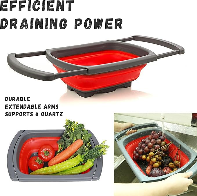 Over the Sink Collapsible Colander Strainer (5 Quart) with Extendable Handles, BPA Free Silicone Kitchen Strainer for Vegetables, Fruit & Pasta, Foldable Sink Colander Basket (1pc red)
