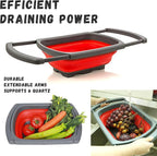 Over the Sink Collapsible Colander Strainer (5 Quart) with Extendable Handles, BPA Free Silicone Kitchen Strainer for Vegetables, Fruit & Pasta, Foldable Sink Colander Basket (1pc red)
