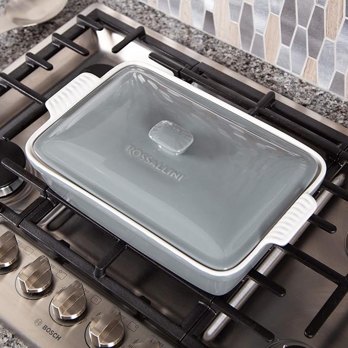 ROSSALLINI Stoneware Casserole Dish Bakeware Set with Lid, Covered Rectangular Dinnerware, Extra Large 4.23 Quart, 13 by 9 Inch, Grigio [Grey]