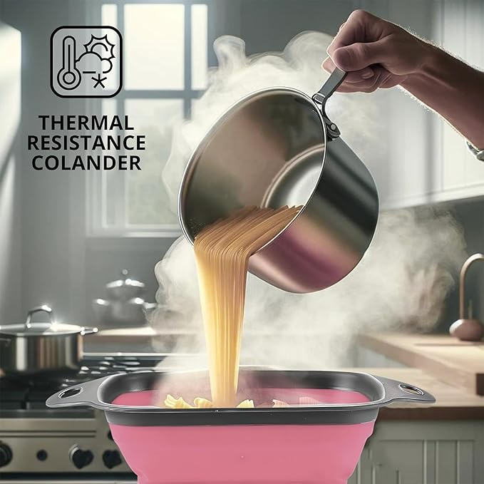 Pink Silicone Food Colander Kitchen – Small Collapsible Strainer with Handle Collapsable Strainer Kitchen Foldable Colander for Pasta Spaghetti Fruit Vegetable