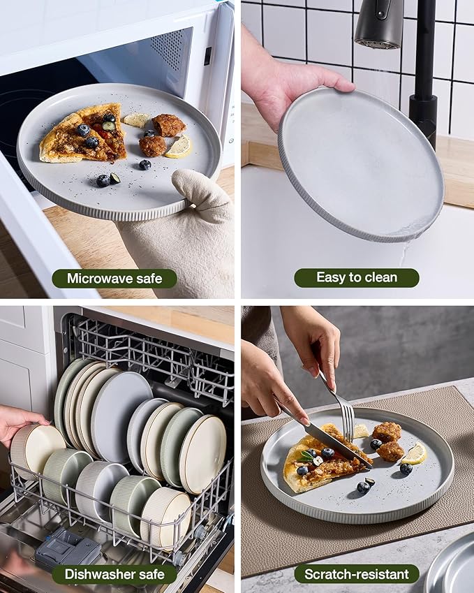 Famiware Star 18-Piece Reactive Glaze Plates and Bowls Sets, Service for 6 - Stoneware Dinnerware with Trim, Modern Rustic Dishes, Chip & Scratch Resistant, Microwave & Dishwasher Safe, Matte Gray
