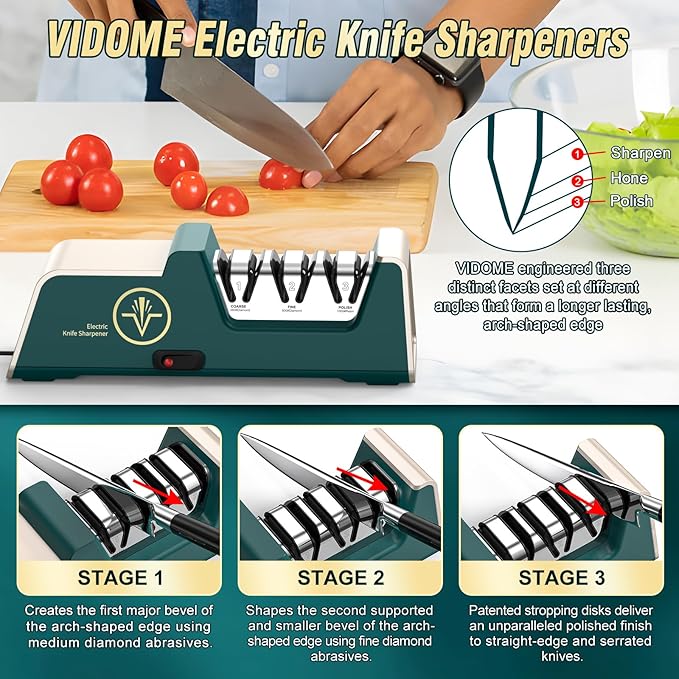 VIDOME Professional Electric Knife Sharpener with 100% Diamond Abrasives, 3-Stage Precision Angle Guides, Champagne Gold, for Kitchen Straight Edge and Ceramic Knives
