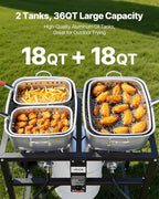 VEVOR Outdoor Propane Deep Fryer, Dual-Tank 18QTx2 Commercial Fryer, Multi-Purpose Portable Frying Cart with Wheel, 3 Basket, 2 Thermometer, Stainless Steel Cooker for Fish Fry Wings Fries, 40,000 BTU