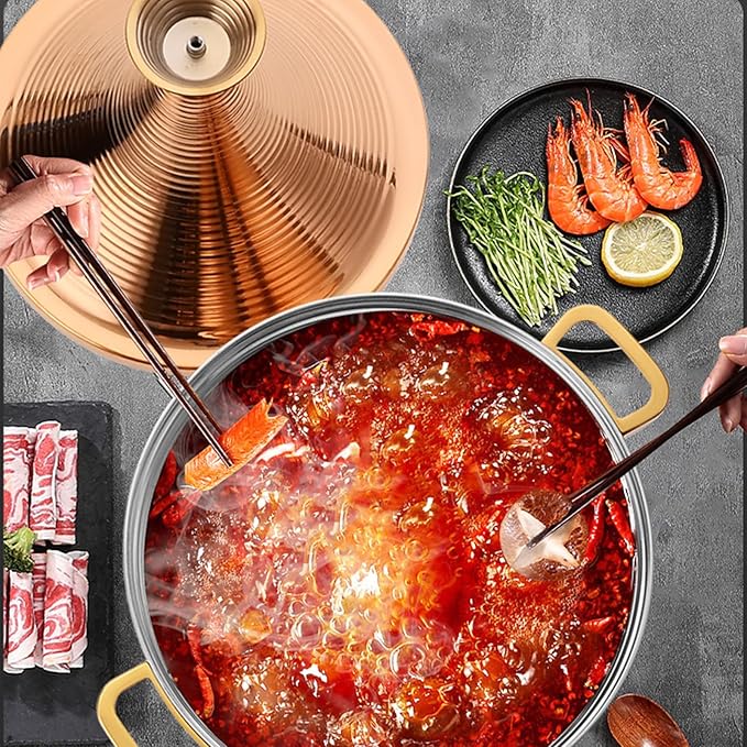Stainless Steel Moroccan Tagine Pot, Large Moroccan Tajine Casserole with Cone-Shaped Lid, Non Stick Tagine Cooking Pot with 2 Handles(26cm/10.2in, Gold)