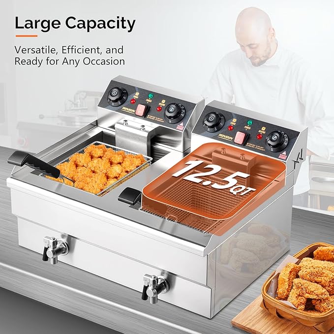 ROVSUN 24.9QT Electric Deep Fryer with Baskets, Timer Drains & Lids, 3400W Commercial Deep Fryer, Dual Tank Kitchen Countertop Frying Machine, Adjustable Temperature for Home Restaurant