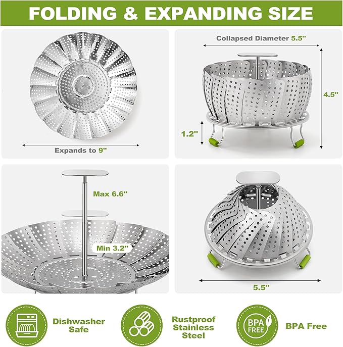 Pavsrmy Steamer Basket, 3rd Generation Stainless Steel Vegetable Steamer with Extendable Handle for Cooking Food, Folding & Expandable Veggie Steam Insert, Fit Various Size Instant Pot (5.5" to 9")