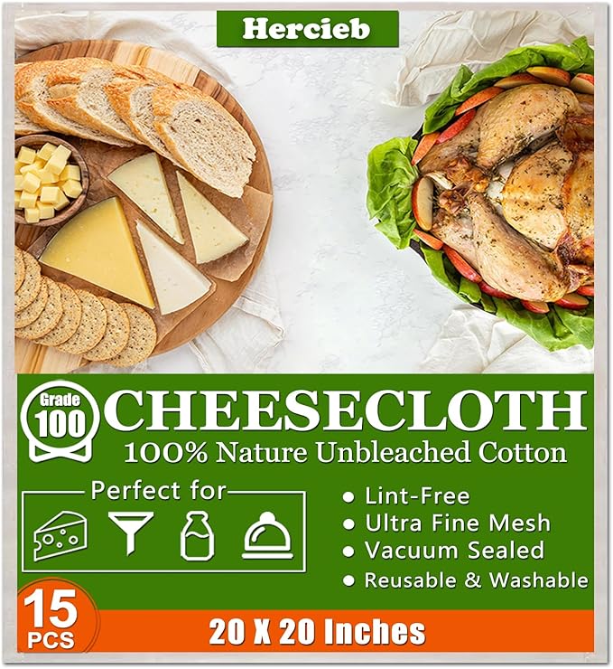 15 Pcs Cheese Cloths for Straining, 20x20 Inch Grade 100 Precut Cheese Cloth With Fabric Fine Mesh Cloth, 100% Unbleached Cotton, Reusable Muslin Cheesecloth for Straining, Juicing, Cooking Turkey