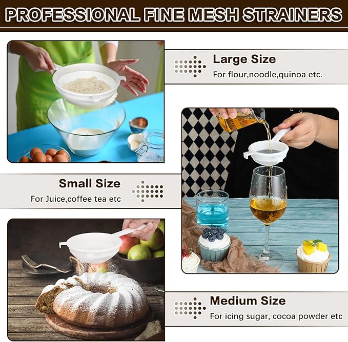 3 Pcs Plastic Nylon Mesh Strainer Colander with Handle Double Ear Fine Food Mesh Strainer Flour Sifter for Baking Kitchen Colander Sifter Kefir Tea Juice Pasta(3 Inch, 4 Inch, 5.5 Inch)