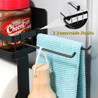 DELITON Magnetic Paper Towel Holder for Fridge - Black Paper Towel Roll Holder with Shelf for Grill Strong Magnetic Heavy Duty, Kitchen Refrigerator Organization Spice Rack with 2 Hooks No Drill