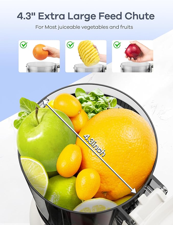Ganiza Juicer Machines, Cold Press Juicer with Large Feed Chute for Whole Fruits & Vegetables, Slow Masticating juicers with 3 Replace Filters for Batch Juicing, Easy to Clean, BPA Free (White)