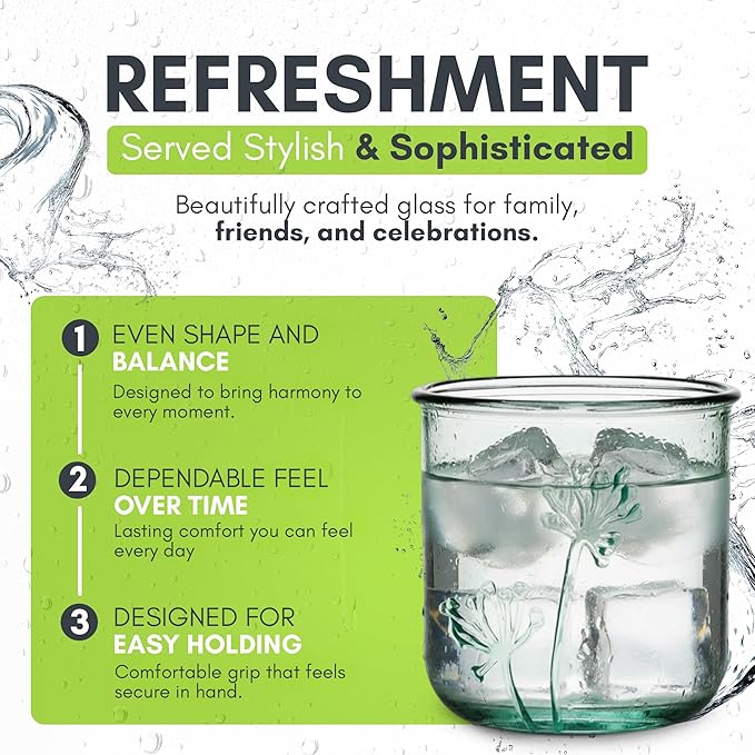 COURONNE CO. Clear Recycled Drinking Glass Tumbler, Perfect for Cocktails, Refreshments & Everyday Use, Restaurant Grade, Crafted without lead-based materials (10.1 Oz, Flora), Pack of 6