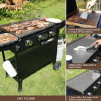 KingChii 28" 3-Burner Griddle with Integrated Protective Hood and Counter Height Side Shelves, Powder Coated Steel, Black