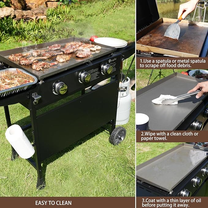 KingChii 28" 3-Burner Griddle with Integrated Protective Hood and Counter Height Side Shelves, Powder Coated Steel, Black