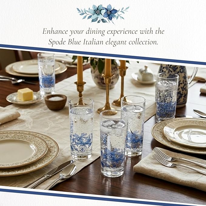 Spode Blue Italian Highball Glasses | Set of 4 | 15 Ounce Capacity | Tall Glasses for Drinking Cocktails, Mojito, Scotch, Water, and Juice | Handwash Only