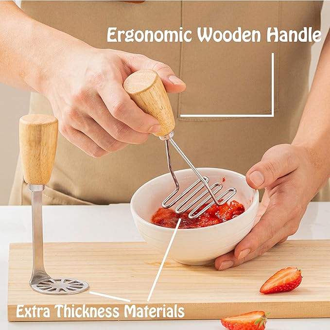 2Pcs Mini Potato Masher,Stainless Steel Mashed Potatoes Masher with wooden handle, Kitchen gadgets Tool for Potatoes, Beans, Meat, Vegetables,space saver (Mini Duo)