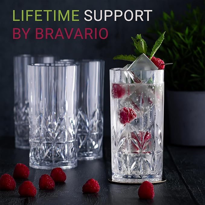Bravario Unbreakable Plastic Drinking Water Tumblers, Dishwasher Safe 100% Tritan Glasses, BPA-Free Shatterproof Outdoor Highball Drinkware, 18 oz, Set of 6