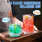Vintage Drinking Glasses, Set of 4 Art Deco Glassware, Hand-Made Glass Cups-17oz Highball Glasses & 10oz Cocktail Glasses, Ribbed Glassware, Bar Tumbler Set, Kitchen Glass ware