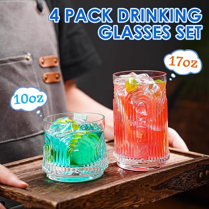 Vintage Drinking Glasses, Set of 4 Art Deco Glassware, Hand-Made Glass Cups-17oz Highball Glasses & 10oz Cocktail Glasses, Ribbed Glassware, Bar Tumbler Set, Kitchen Glass ware