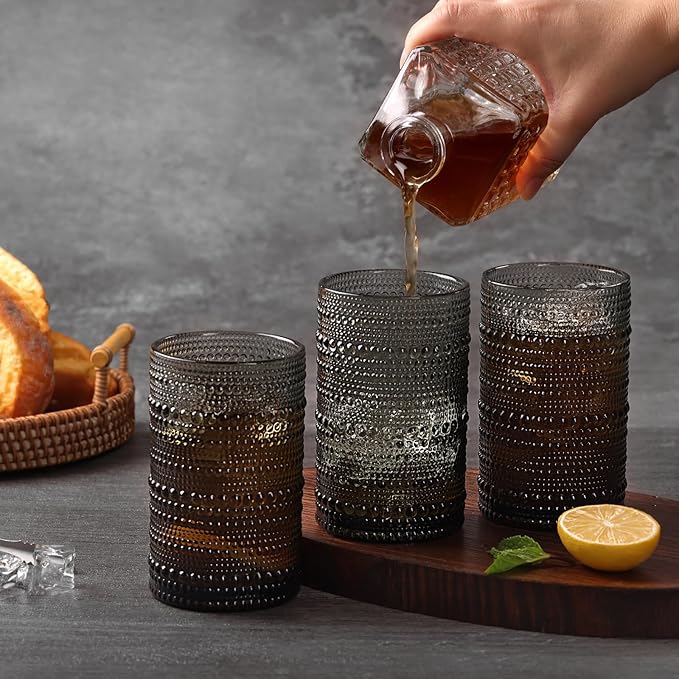 Moretoes Vintage Hobnail Drinking Glasses Set of 6, 15oz Highball Glass Cups, Kitchen Drinkware Glassware,Embossed Water Tumbler,for Beer,Cocktail,Whiskey,Juice and Various Mixed Drinks(Gray)