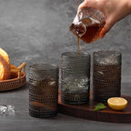 Moretoes Vintage Hobnail Drinking Glasses Set of 6, 15oz Highball Glass Cups, Kitchen Drinkware Glassware,Embossed Water Tumbler,for Beer,Cocktail,Whiskey,Juice and Various Mixed Drinks(Gray)