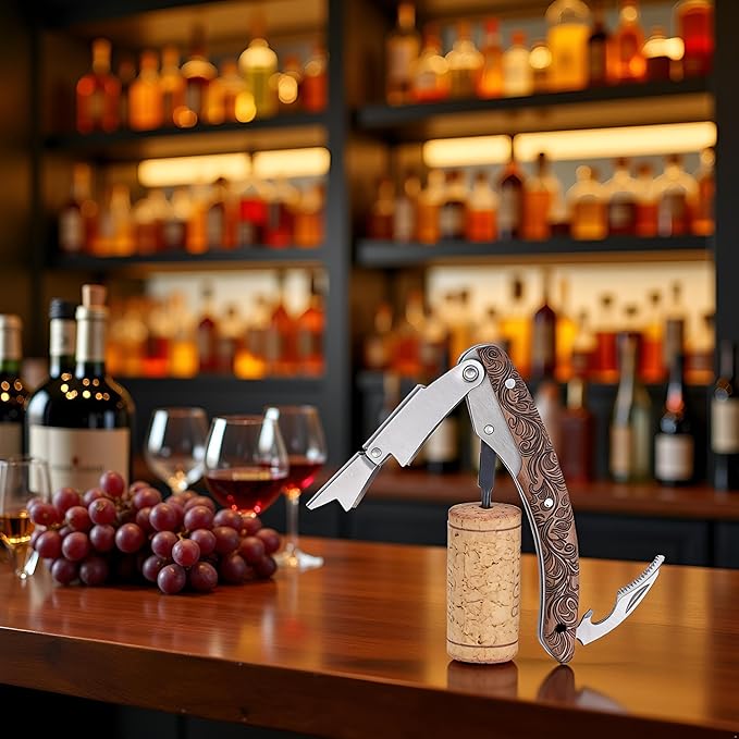 Premium Waiters Corkscrew with Walnut Wood Handle, Professional Sommelier Wine Key with Engraved Totem, Double Hinged Stainless Steel Wine Bottle Opener for Wine Lovers & Bartenders 1 pcs