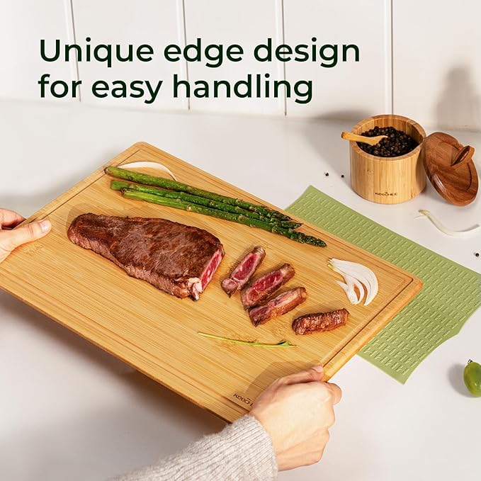 Keechee Cutting Board with Non-slip Mat, Bamboo Cutting Board for Kitchen Meal Prep & Serving - Wood Serving Board Set with Deep Juice Groove Ideal Kitchen Gifts