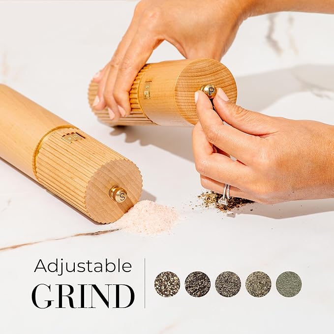 Wooden Salt and Pepper Grinder Set – Refillable Manual Salt and Pepper Mills with Adjustable Ceramic Burrs, Gold Detailing, and Wood Stand
