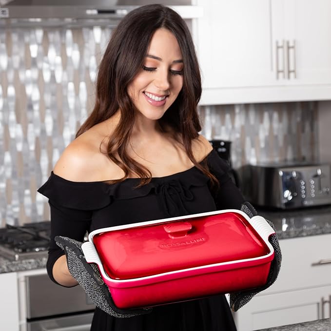 ROSSALLINI Stoneware Casserole Dish Bakeware Set with Lid, Covered Rectangular Dinnerware, Extra Large 4.23 Quart, 13 by 9 Inch, Deep Red