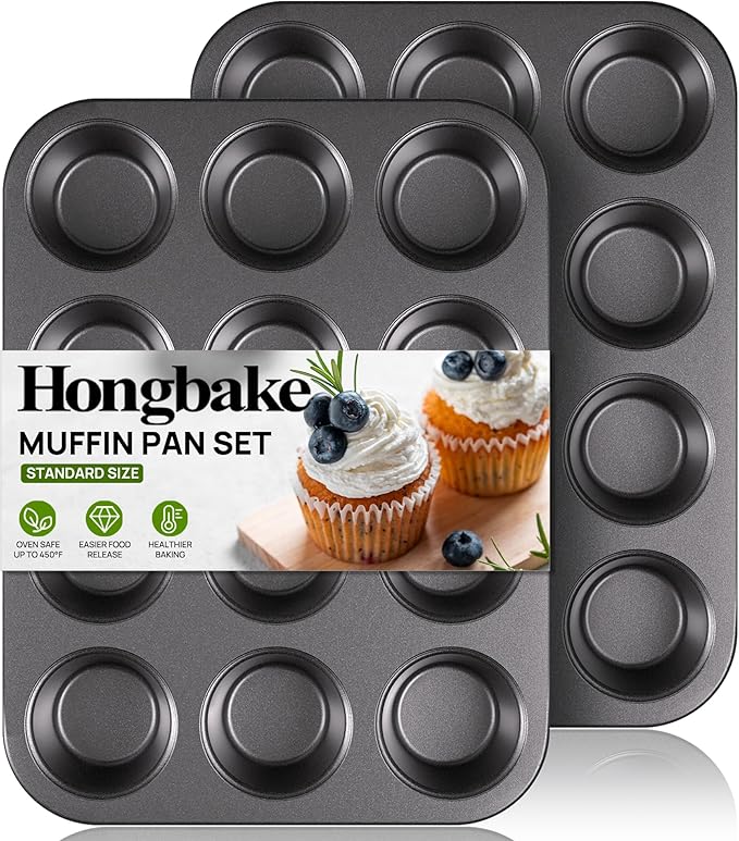 HONGBAKE Muffin Pan for Baking, Nonstick Cupcake Tin 12 Cup, 2 Pack Cup Cake Tray, Premium Cheesecake Pans, Dishwasher Safe - Dark Grey