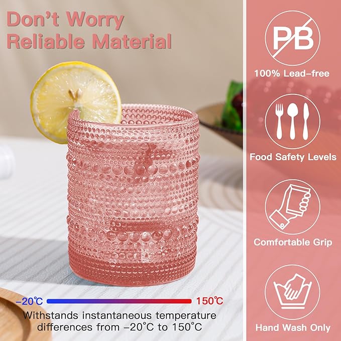 JOVGANK Pink Vintage Hobnail Drinking Glasses Set of 6, Embossed Water Tumbler 12oz, Kitchen & Bar Beaded Glass Cups, Beverage Glass Cups for Water, Beer, Juice, Housewarming and Mother's Day Gift