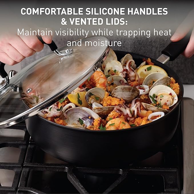 T-fal Ultimate Hard Anodized Nonstick Pots and Pans Set 14 Piece, Oven Broiler Safe 400F, Kitchen Cooking Set w/Fry Pans, Saucepans, Griddle, Dutch Oven, Dishwasher Safe, Cookware, Onyx