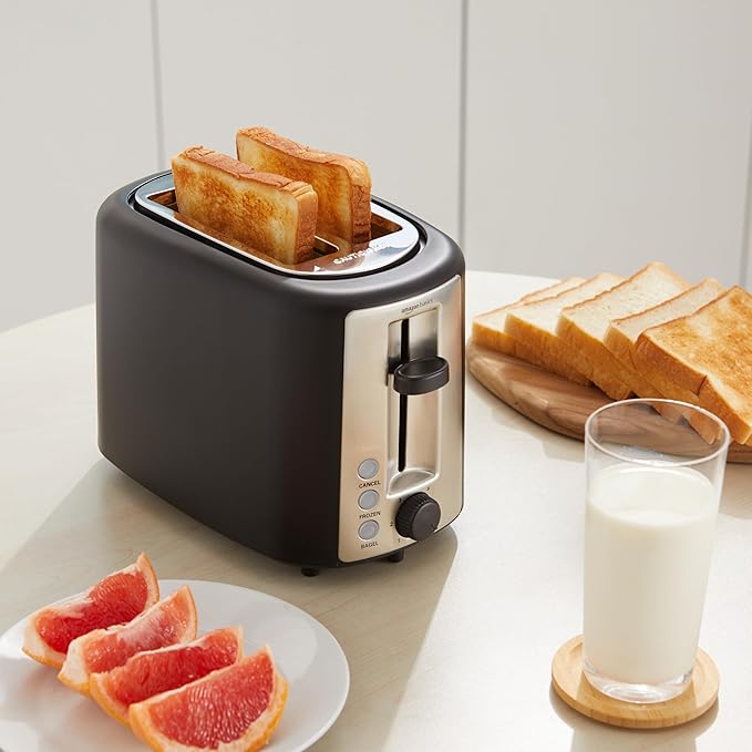 Amazon Basics 2 Slice Toaster, With 6 Browning Settings, Extra Wide Slots For Bagels and Special Breads, Removable Easy-to-Clean Crumb Tray, Cancel/Defrost/Bagel Buttons, 900W, Black & Silver