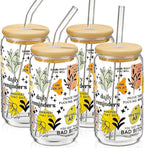 DWTS DANWEITESI Glass Cups with Lids and Straws with Design 4 pcs（Daily Reminder）,Clear Glass Cups 16 oz-Glass Tumbler,Cute Design Glass Iced Coffee Cups Mental Health Positive