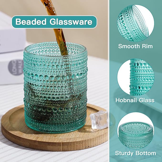 JOVGANK Mint Green Vintage Hobnail Drinking Glasses Set of 6, Embossed Water Tumbler 12oz, Kitchen & Bar Beaded Glass Cups, Beverage Glass Cups for Water, Beer, Juice, Housewarming, Mother's Day Gift