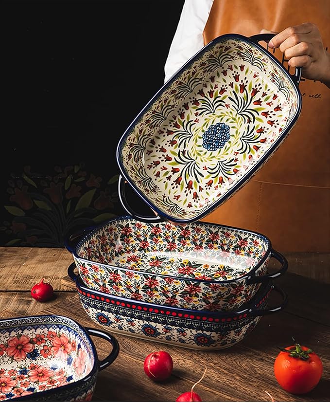 Vintage Style Pottery Bakeware Ceramic Casserole Dish Baking Pan Lasagna Pans Baking Dish with Handles for Oven/Cooking/Kitchen-1 PCS, Large Capacity, 60 OZ