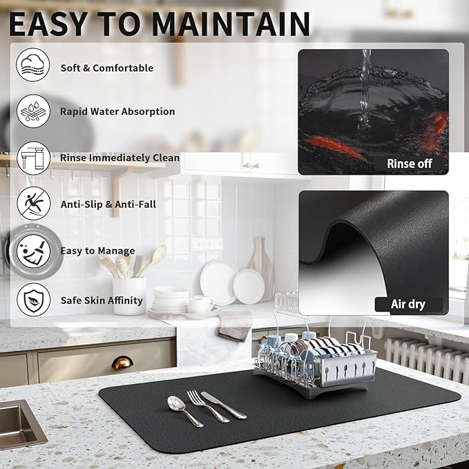HotLive Dish Drying Mat for Kitchen Counter, Heat Resistant Drainer Mats with Non-slip Rubber Backed, Hide Stain Kitchen Super Absorbent Draining Mat, Easy to Clean Dish Rack Pad, Black 16"x20"