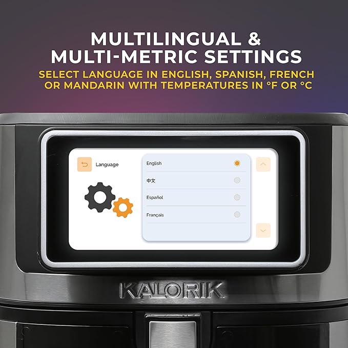 Kalorik Air Fryer VIVID TOUCH Series 5 Quart Capacity with High-Resolution Touchscreen 202 Cooking Presets in 12 Food Categories with View Window, 1500-Watts, Stainless Steel