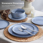 E-far 24-Piece Reactive Glaze Dinnerware Sets, Ceramic Dishes Set for 8, Stoneware Plates and Bowls Dinning Ware, Microwave & Dishwasher Safe - Ocean Blue