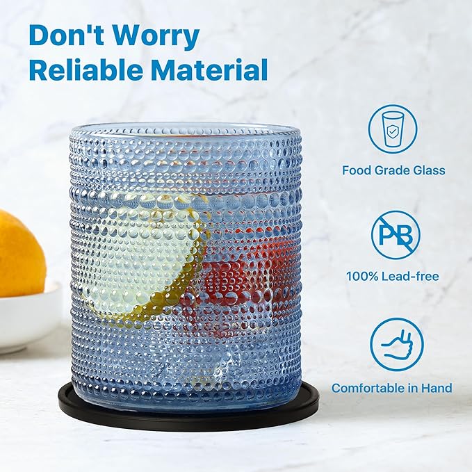 Hobnail Drinking Glasses Set of 12 Count, Vintage Glassware, Old Fashioned Glasses, 6 Highball Bubble Drinking Cups 14.5 oz, 6 Rocks Cups 10 oz with 6 Silicone Coasters, Blue