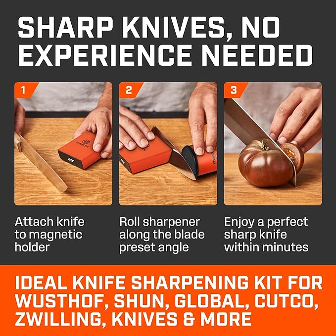 TUMBLER Pro Rolling Knife Sharpener™ - Knife Sharpening Made Easy - Ultimate Gift for Father's Day - Kit with Removable Disc System - 4-Layer Diamond Sharpening Disc & EdgeBoost Ceramic Disc (Orange)