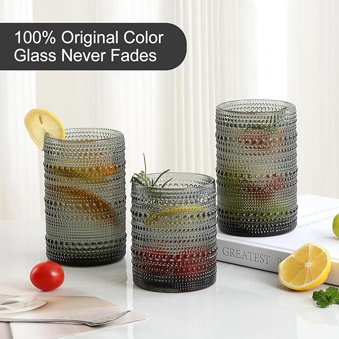 ZMOWIPDL Vintage Hobnail Drinking Glasses Set of 8,Grey 12 oz & 15oz Highball Glass Cups, Kitchen Drinkware Glassware,Embossed Water Tumbler,for Beer,Cocktail,Whiskey,Juice and Various Mixed Drinks