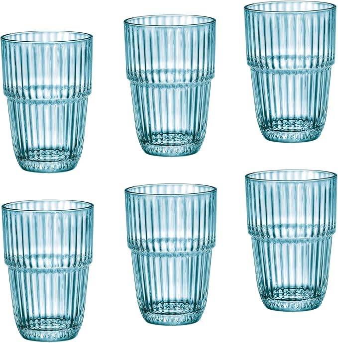 Bormioli Rocco Barshine 12.88 oz. Long Drink Stackable Tempered Drinking Glasses, Set of 6, Ice Blue