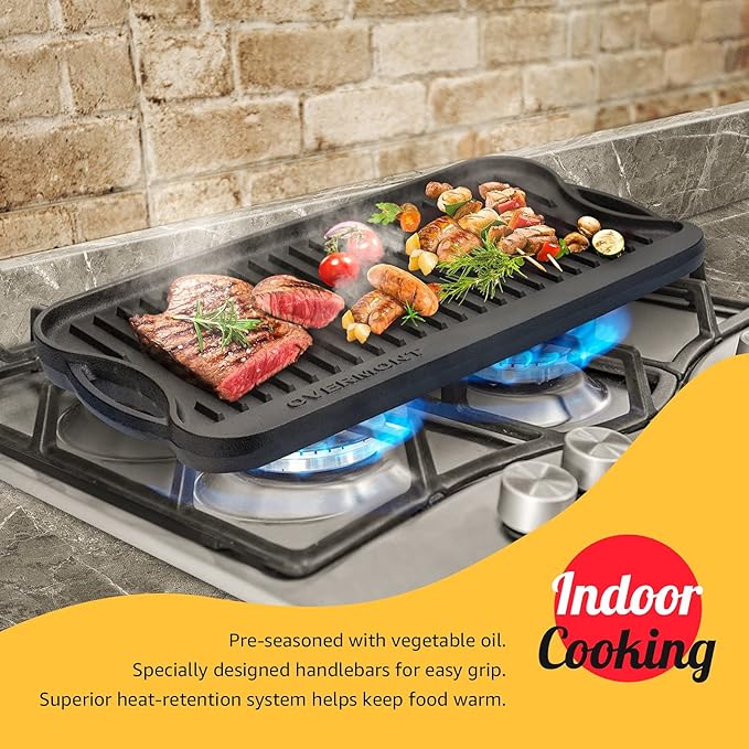 Overmont Pre-seasoned 17x9.8" Cast Iron Reversible Griddle Grill Pan with handles for Gas Stovetop Open Fire Oven, One tray, Scrapers Included