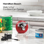 Hamilton Beach Walk 'n Cut Electric Can Opener for Kitchen, Use On Any Size, Automatic and Hand-Free, Cordless & Rechargeable, Easy Clean Removable Blade, Red (76506)