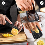 Kitchen Gadgets Set 6 Piece, Space Saving Kitchen Utensils Stainless Steel Accessories Cheese Grater, Bottle Opener, Pizza Cutter, Vegetable Peeler, Paring Knife, Garlic Grinder, Burlap Bag Gift(BLK)